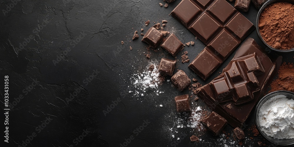 Poster Chocolate assortment and cocoa on a dark backdrop copyspace.