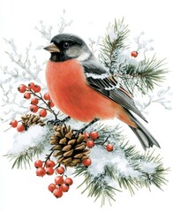 A bullfinch perched on snow-covered pine branches with red berries during winter