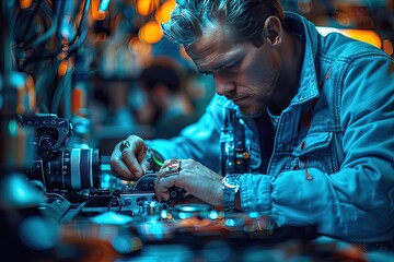 photographer setting up a camera or adjusting equipment,