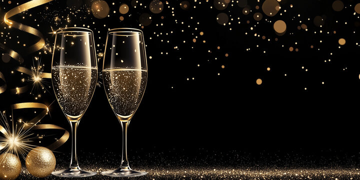 Buon anno. Sfondo con bicchieri e spazio per messaggio.