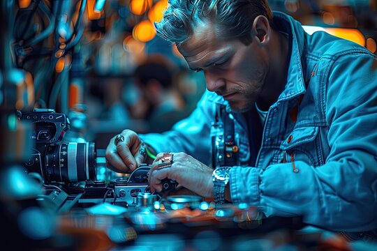 photographer setting up a camera or adjusting equipment,