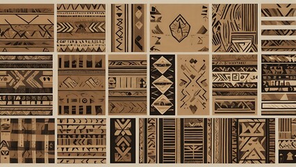 Bold tribal geometric patterns with symmetrical shapes, using neutral tones like beige, brown, and black, perfect for earthy and rustic decor.