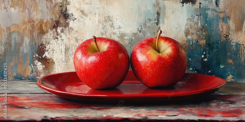 Poster Two ripe, red, delicious apples rest on a red plate. The background features a rustic style with weathered paint on canvas.