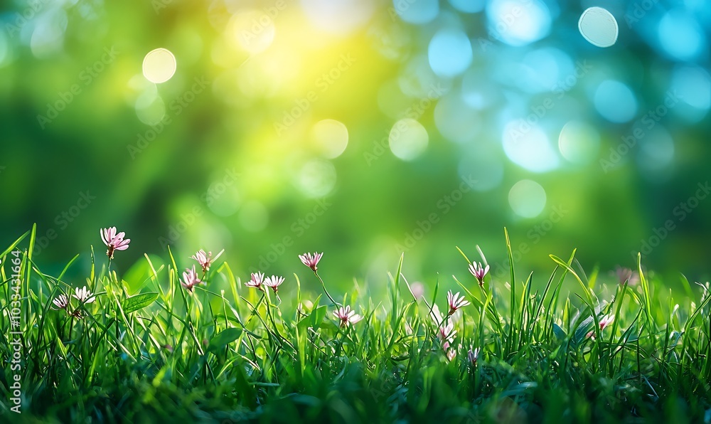 Poster a serene view of vibrant green grass dotted with small flowers, illuminated by soft sunlight and a b