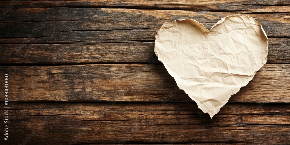 Aufkleber blank paper in the shape of a heart on a wooden surface with copyspace, ideal for a valentine's back