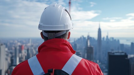 Obraz premium Worker Overlooking City Skyline in Safety Gear