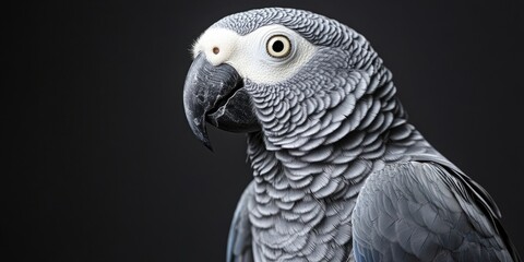 Obraz premium Close-up of an African Grey Parrot (Psittacus erithacus) set against a simple background. These parrots are recognized for their excellent ability to imitate human voices and speech.
