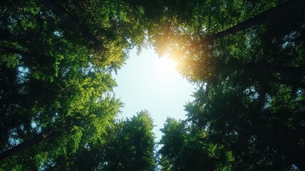 Fototapeta premium Sunlight Breaks Through a Dense Forest Canopy, Creating a Serene Spot of Light and Shadow