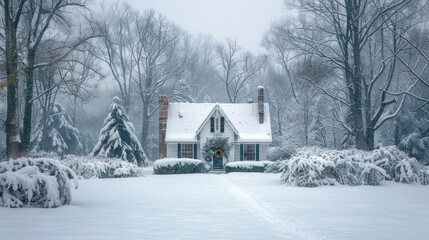 Cozy and picturesque winter cottage nestled in a serene snowy landscape with a surrounding forest of bare trees covered in fresh white powder
