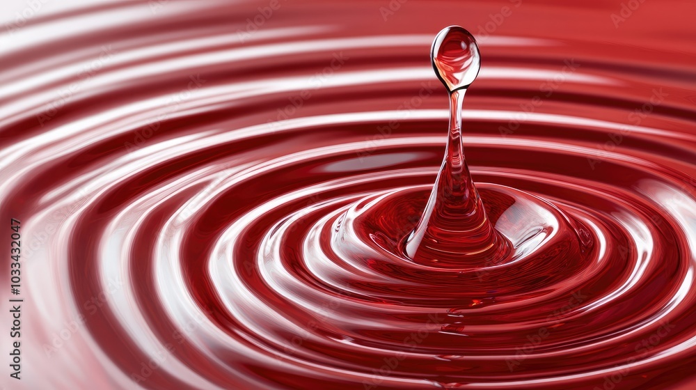 Poster red water drop creating ripples in fluid surface
