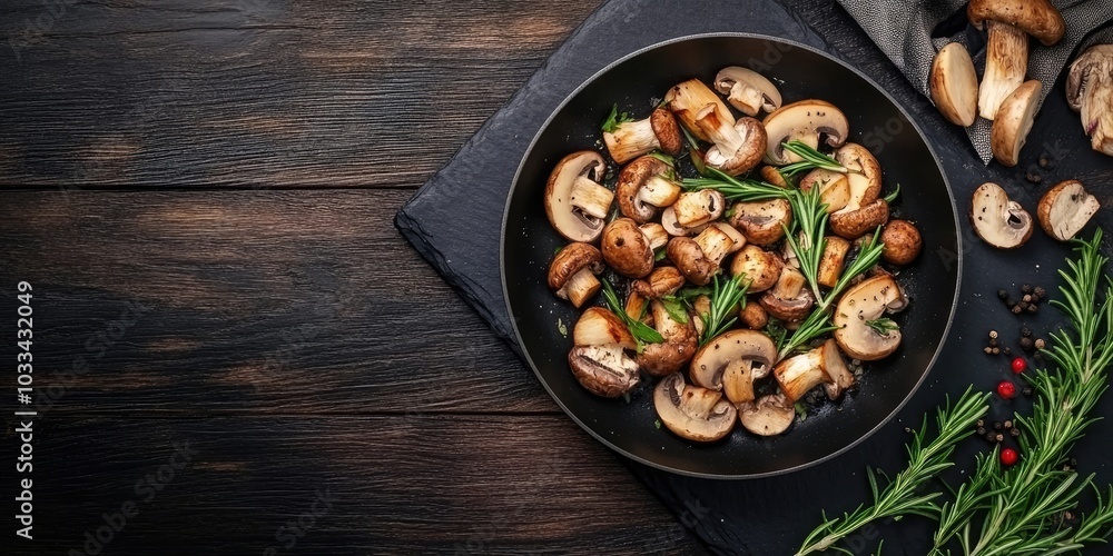 Poster top view of fresh mushrooms with mashed salad and rosemary on a dark frying pan placed on a black st