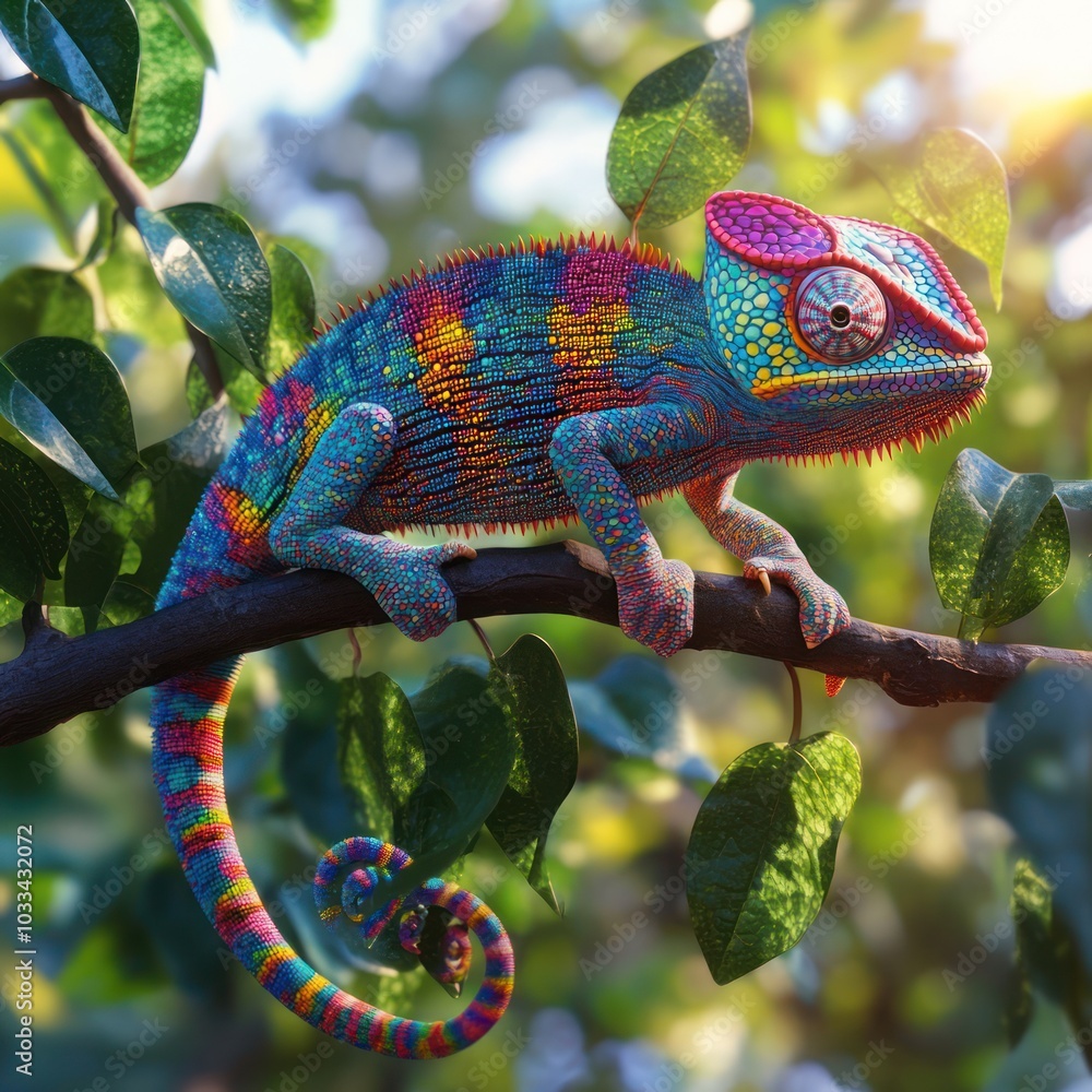Aufkleber a vibrant chameleon perched on a branch, showcasing its colorful scales and intricate patterns.