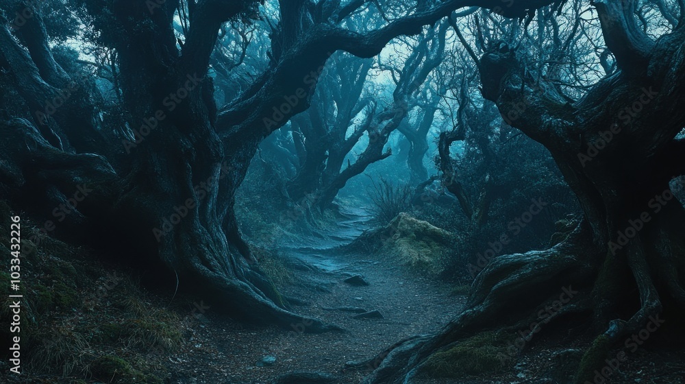 Poster a narrow path winds through a dark and mysterious forest, with thick fog and gnarled trees creating 