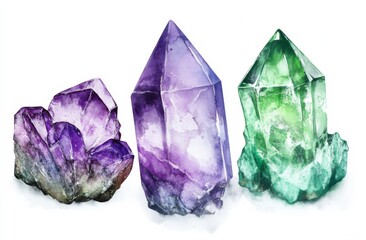 Amethyst and green crystals shine on a white background, highlighting their natural beauty