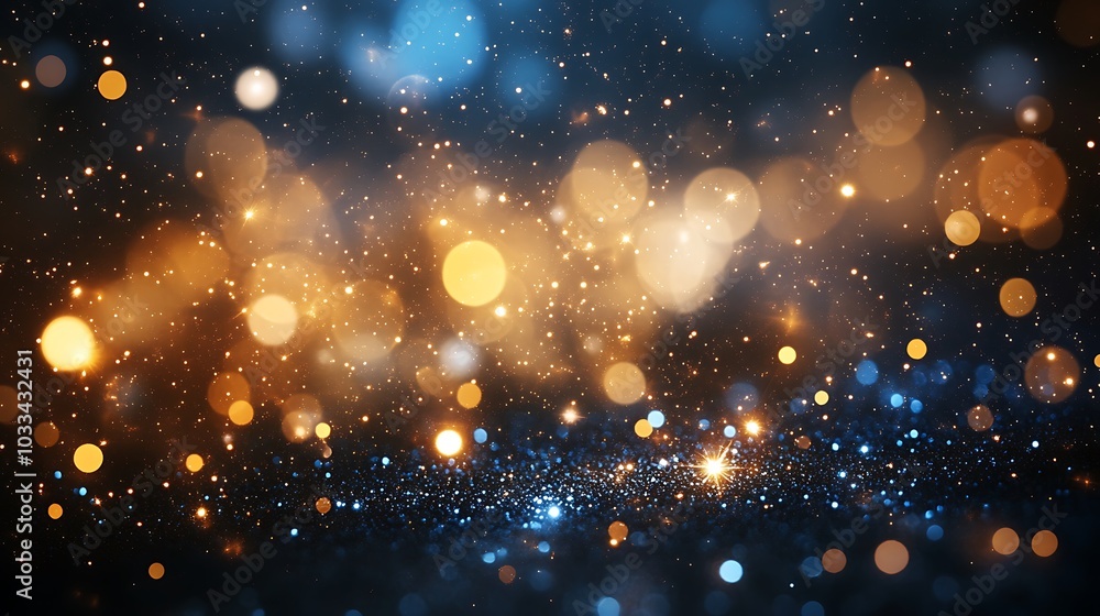 Poster a radiant display of shimmering lights in gold and blue tones, creating a magical, sparkling atmosph