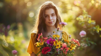 Naklejka premium A photograph of a smiling young woman vibrant flowers, standing in a sunlit garden