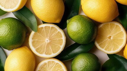 A vibrant image showcasing fresh lemons and limes scattered with green leaves, highlighting their bright yellow and green colors in a lively arrangement.