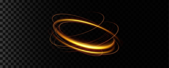 Shiny vortex rings shimmer on a transparent background. Sparkling circles with light effect. Light circle swirl neon lighting effect, spiral light lines.