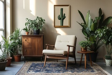 Retro interior design of living room with stylish vintage chair and table, plants, cacti, personal accessories and gold mock up poster frame on the beige wall. Elegant home decor, Generative AI