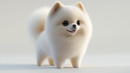 Fototapeta premium A fluffy white Pomeranian puppy stands on a white background, looking at the camera with a cute expression.