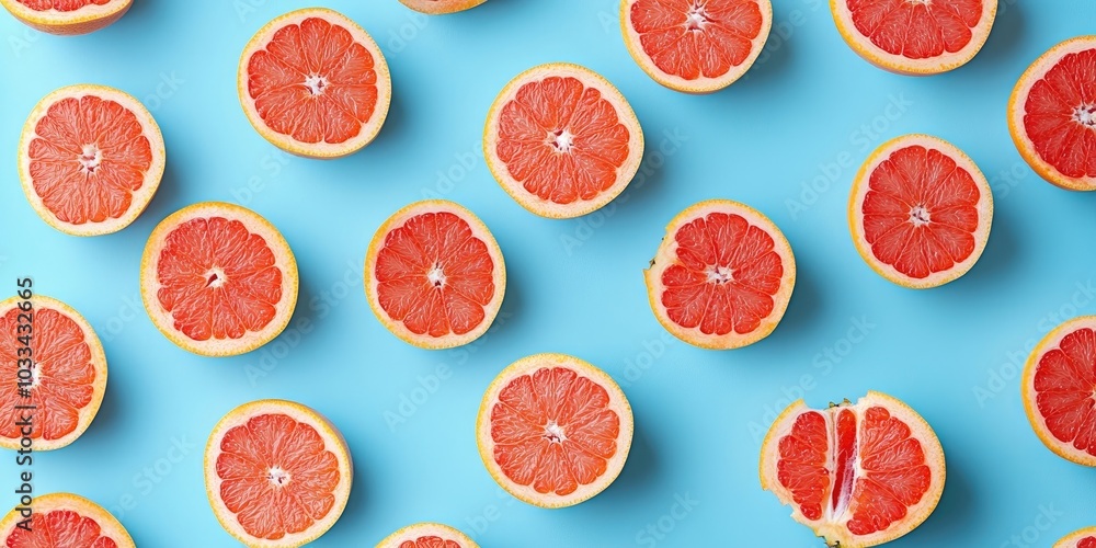 Poster grapefruit pattern on a blue backdrop. top view. creative design, minimal flat lay concept. summer s