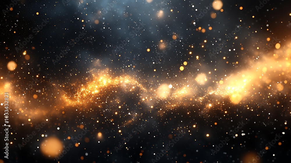 Poster a shimmering, cosmic scene filled with golden particles and ethereal light against a dark backdrop, 