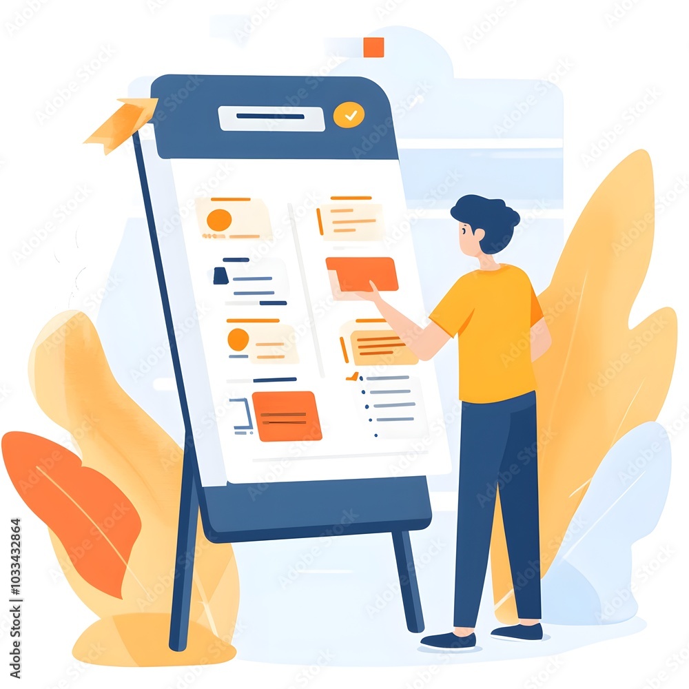 Poster person adding sticky note to whiteboard with checklist and icons