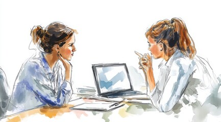 A focused discussion between colleagues in a modern office setting during a collaborative meeting, white background, watercolor 