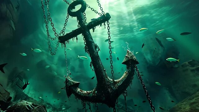 Exploring an underwater shipwreck at a secluded location showcasing a rusted anchor and diverse marine life