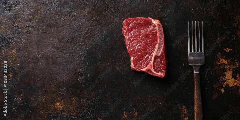 Poster raw beef steak for a machete skirt on a meat fork. dark background. top view. copy space.