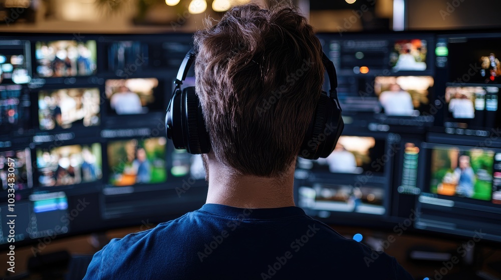 Poster man monitors multiple screens in a creative workspace