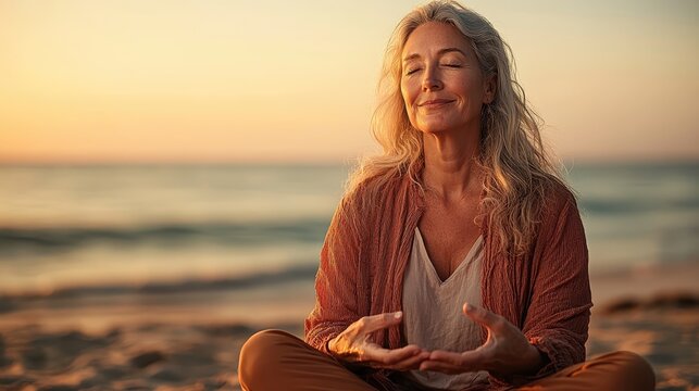 An older woman, serene and content, meditating at the beach during sunset, representing peace, mindfulness, and a deep connection with nature in timeless serenity.