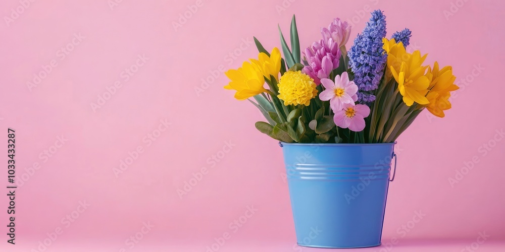 Poster spring flowers in a bucket against a pink background