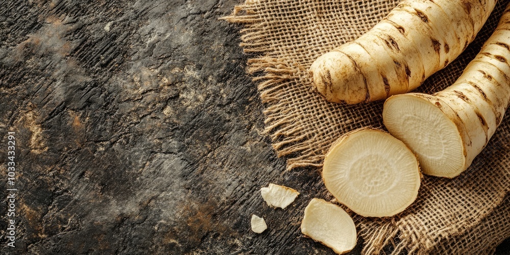 Poster image of horseradish root with a slice placed on burlap, accompanied by white space.