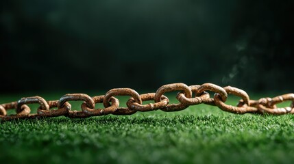 A horizontally placed rusty chain lies on vibrant green grass, captured in detail to showcase the texture and weathered quality of the metal links.