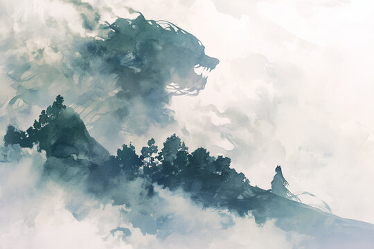 A Powerful Monster Emerging from the Mist, Its Overwhelming Presence Enveloping the Surroundings &ndash; A Watercolor Effect Adds Softness to This Fantasy Scene, Perfect for Creative Projects