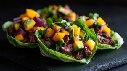 Three beautiful lettuce wraps showcasing beef, mango, avocado, and garnished with herbs, displayed on a black slab, with a focus on vibrant, fresh ingredients.