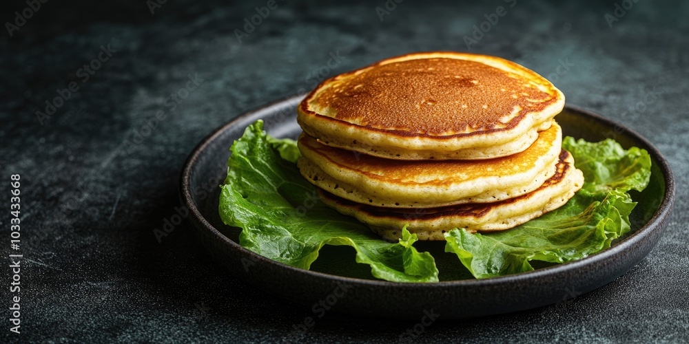 Poster breakfast choice. american pancakes served with lettuce leaves. rustic style. dark backdrop. copy sp