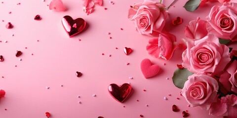 Romantic pink backdrop featuring roses and hearts, Valentine's Day festivities, symbols of love, top view, copy space for text.