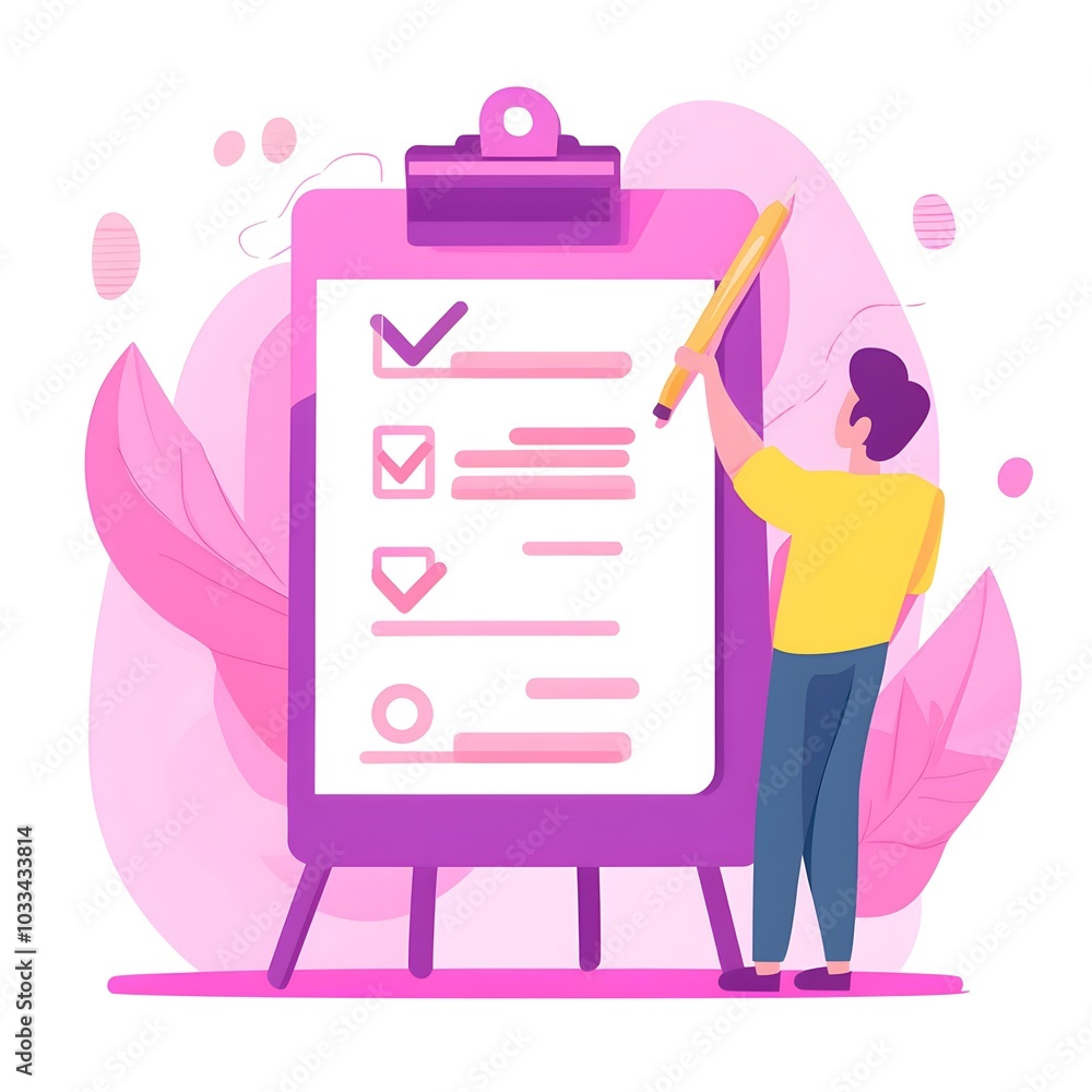 Poster man checking checklist on clipboard with pencil to do list goal setting task management business con
