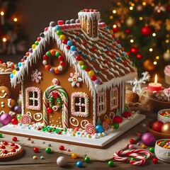 Festive Gingerbread House with Colorful Decorations