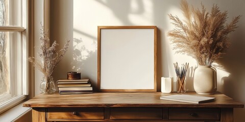 Stylish composition of artist workspace room with design retro teak commode, mock up poster frame, book, decoration and elegant accessories. Template, Generative AI