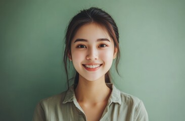 Fototapeta premium A young woman with a gentle smile poses confidently in front of a soft green background. The image highlights simplicity, elegance, and natural beauty.