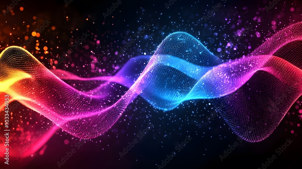Poster abstract wavy pattern with glowing lights and a dark background
