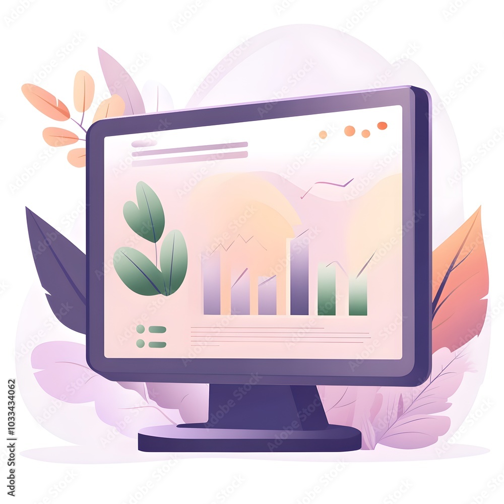 Poster computer screen with bar chart and leaf illustrations