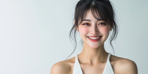 Fototapeta premium With radiant complexion, an Asian woman exudes elegance and vitality, making her image perfect for skincare and beauty product promotions.