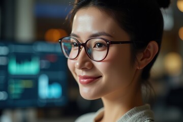 Portrait of  woman wearing glasses looks intently at a computer screen displaying graphs and charts, likely analyzing financial data or market trend
