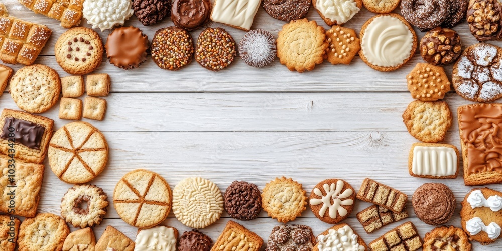 Poster a variety of biscuits, sweets, and cookies arranged in a frame. a top view of a table scene on a whi