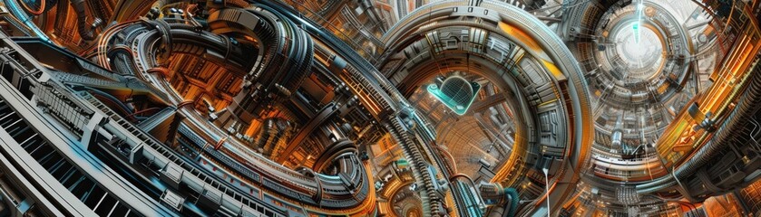 Capture the essence of innovation with a modern twist on a classic art form by illustrating a worms-eye view scene of intricate automation