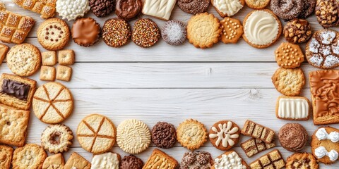 A variety of biscuits, sweets, and cookies arranged in a frame. A top view of a table scene on a white wood background with copyspace. A holiday baking theme. Close-up background of assorted cookies.